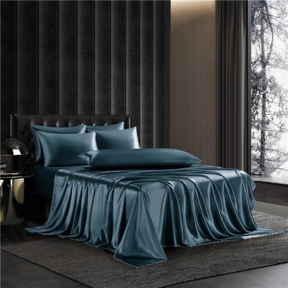 4Pcs Deep Sea Blue Silky Satin Sheets Twin Satin Sheets Set Silky Comforter - Picture 2 of 8